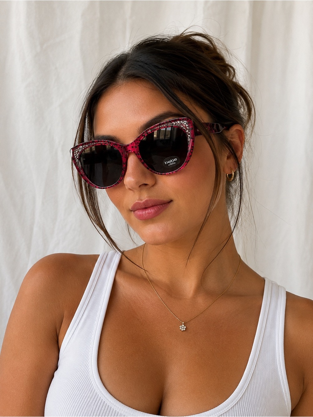 Bebe Womens Rhinestone Cat Eye Sunglasses Pink Leopard Animal Print Y2K And Case